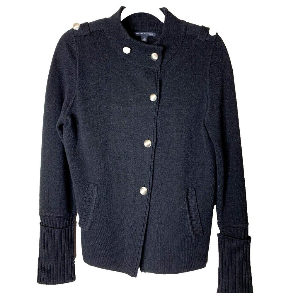 Banana Republic Women's Cardigan Sweater Black Wool Silver Buttons Epaulettes L